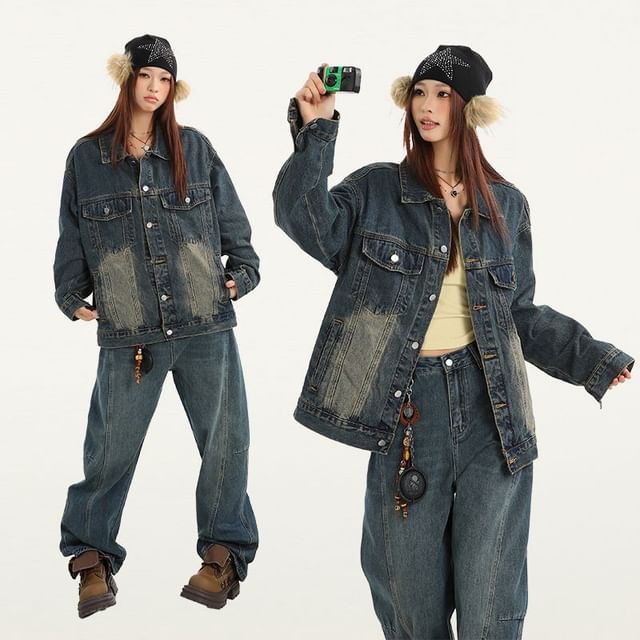 Denimot-Collared Button-Up Denim Jacket Mid Waist Wide Leg Jeans Various Designs