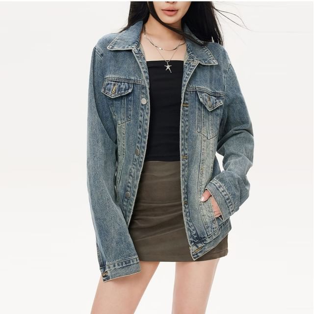 Denimot-Collared Washed Denim Button Up Jacket