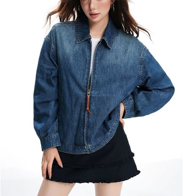 Denimot-Collared Zip-Up Denim Jacket