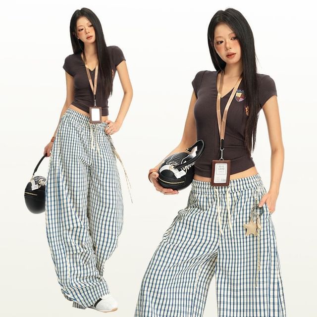 Denimot-Drawstring Waist Plaid Baggy Pants
