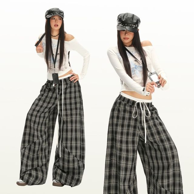 Denimot-Drawstring Waist Plaid Baggy Pants Various Designs