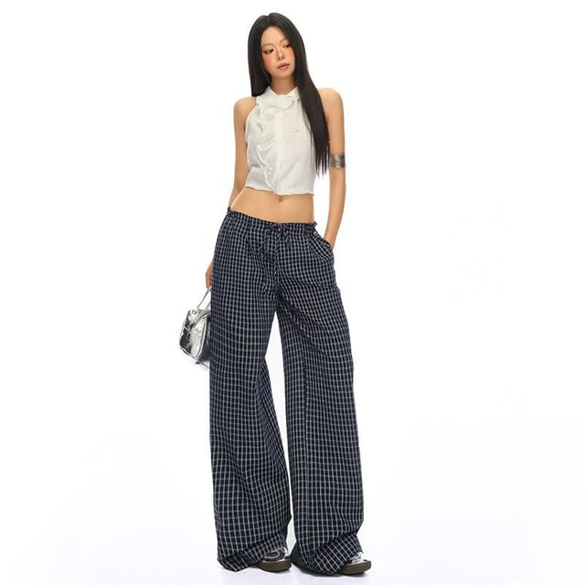 Denimot-Drawstring Waist Plaid Baggy Pants Various Designs