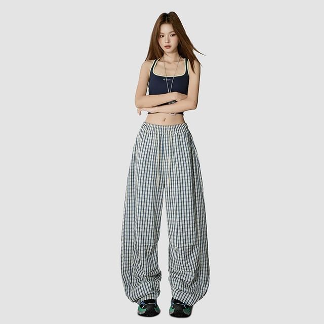 Denimot-Drawstring Waist Plaid Baggy Pants Various Designs