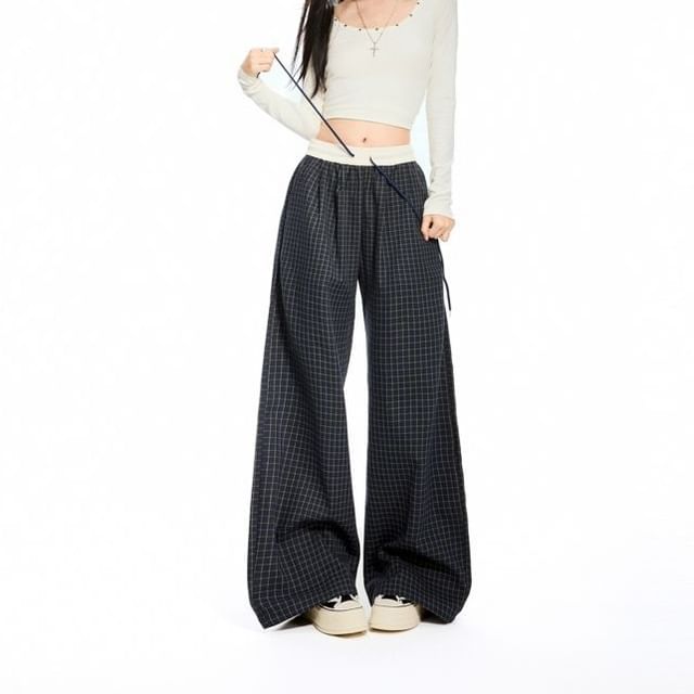 Denimot-Drawstring Waist Plaid Barrel Wide Leg Pants