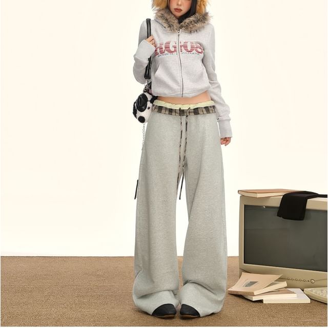 Denimot-Drawstring Waist Plaid Panel Baggy Sweatpants
