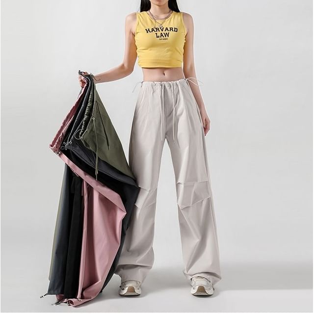 Denimot-Drawstring Waist Plain Baggy Cargo Pants Various Designs