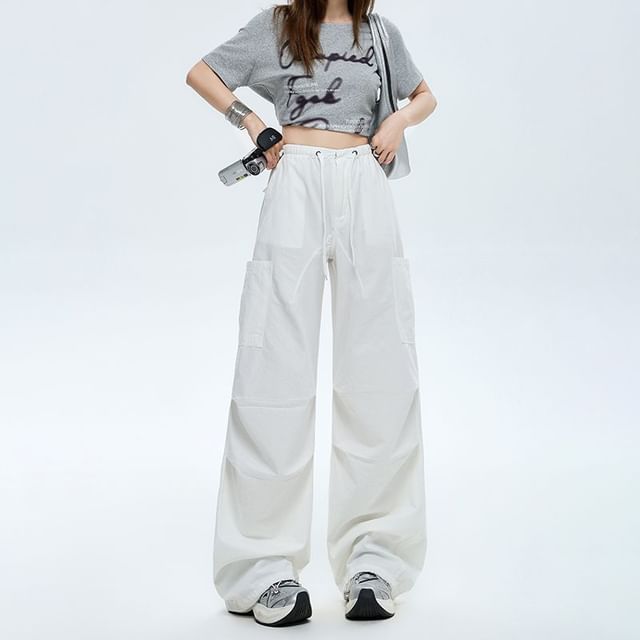 Denimot-Drawstring Waist Plain Baggy Cargo Pants Various Designs