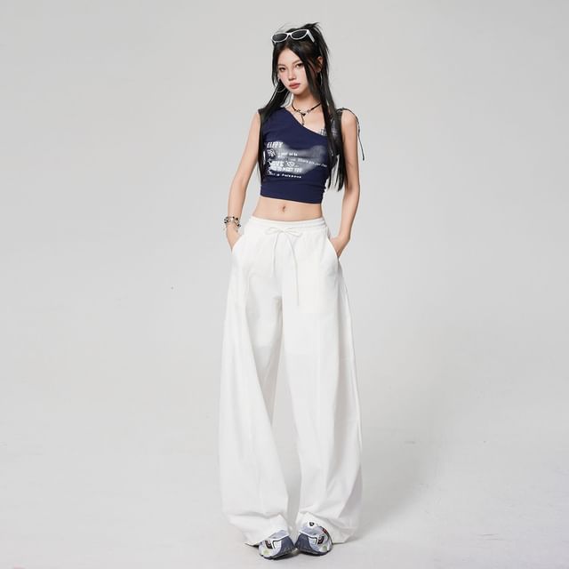 Denimot-Drawstring Waist Plain Baggy Pants Various Designs