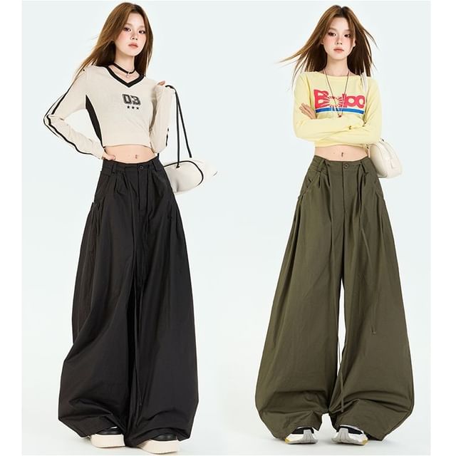 Denimot-Drawstring Waist Plain Baggy Pants Various Designs