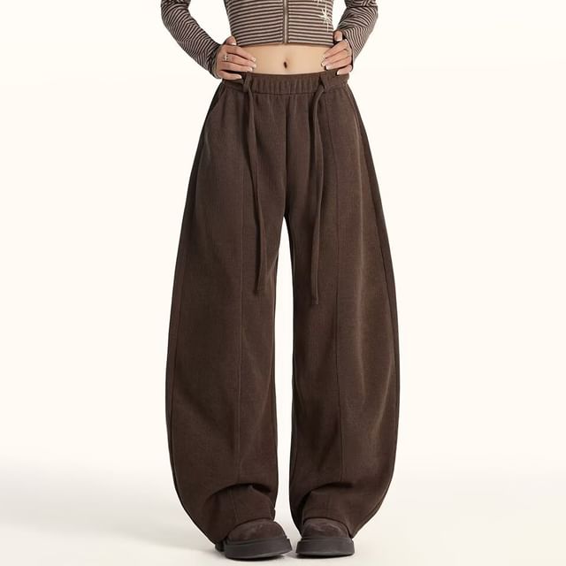 Denimot-Drawstring Waist Plain Barrel Leg Baggy Pants