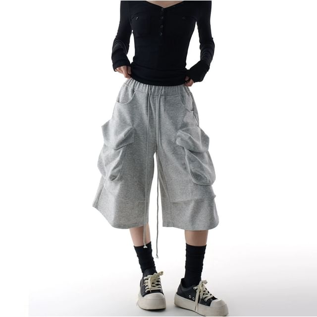 Denimot-Drawstring Waist Plain Capri Cargo Sweatpants