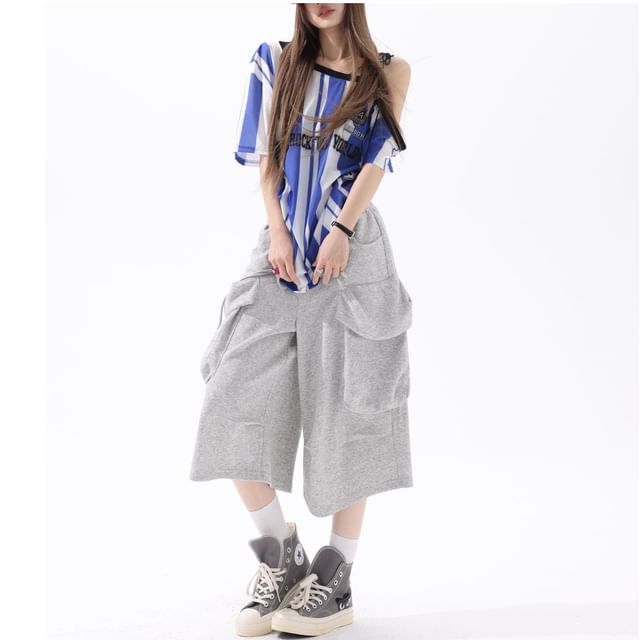 Denimot-Drawstring Waist Plain Capri Wide Leg Sweatpants