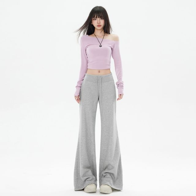 Denimot-Drawstring Waist Plain Flared Sweatpants Various Designs