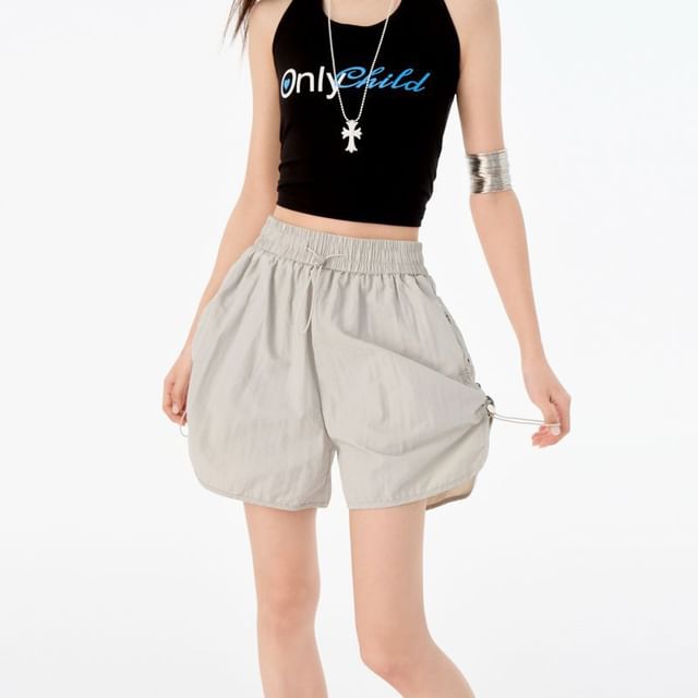 Denimot-Drawstring Waist Plain Track Shorts