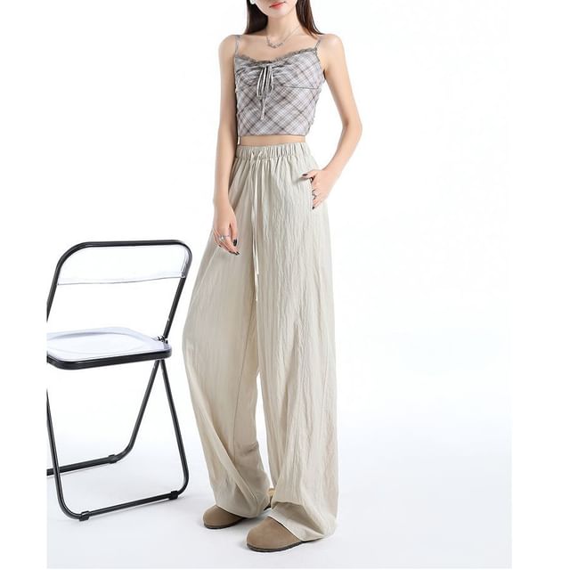 Denimot-Drawstring Waist Plain Wide Leg Pants Various Designs
