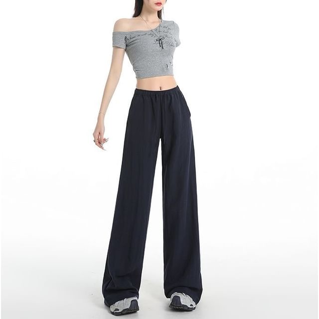 Denimot-Drawstring Waist Plain Wide Leg Pants Various Designs