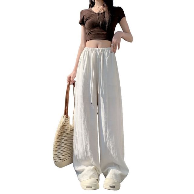 Denimot-Drawstring Waist Plain Wide Leg Pants Various Designs