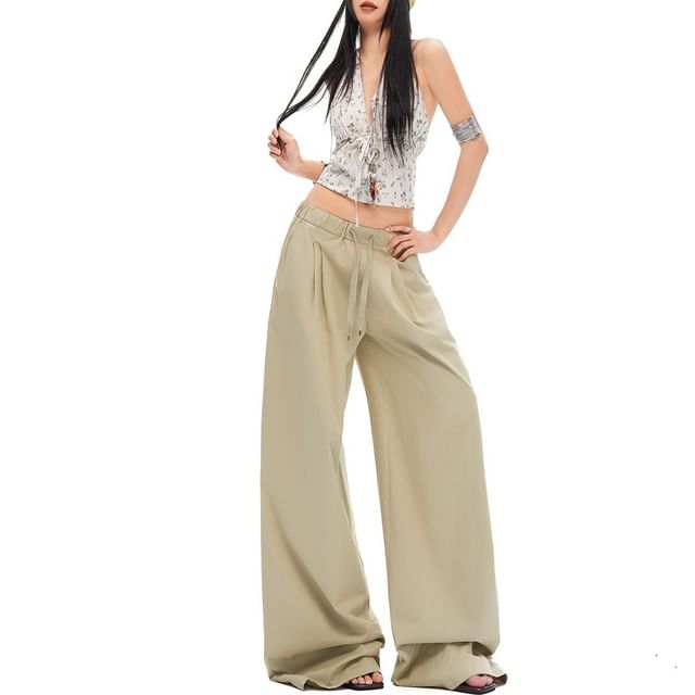 Denimot-Drawstring Waist Plain Wide Leg Pants