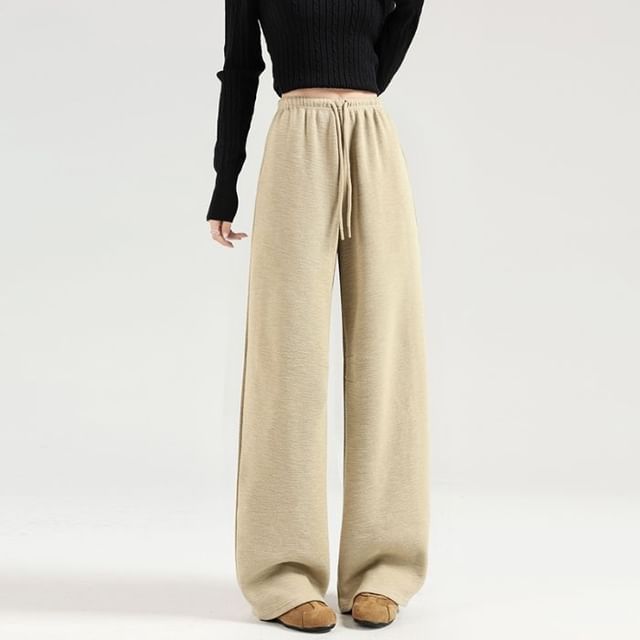 Denimot-Drawstring Waist Plain Wide Leg Sweatpants Various Designs