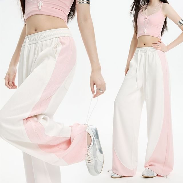 Denimot-Drawstring Waist Two Tone Panel Wide Leg Pants