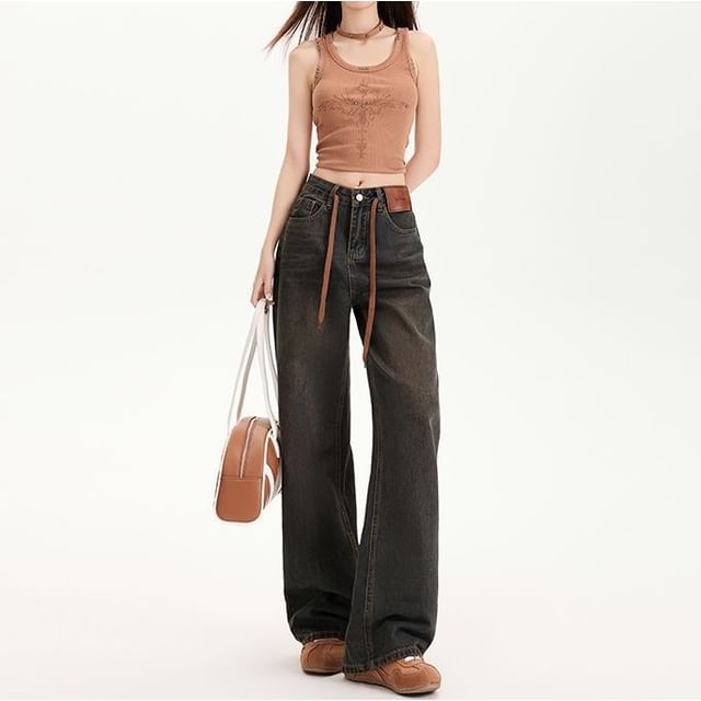 Denimot-Drawstring Waist Washed Loose Fit Jeans Various Designs