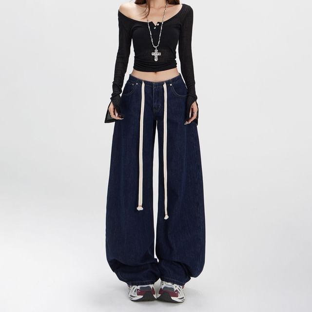 Denimot-Drawstring Waist Washed Wide Leg Jeans Various Designs