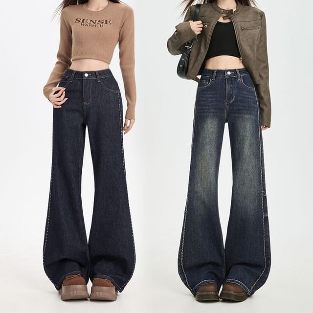 Denimot-High Rise Contrast Stitching Flared Jeans Various Designs