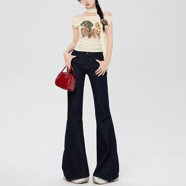 Denimot-High Rise Plain Flared Jeans Various Designs