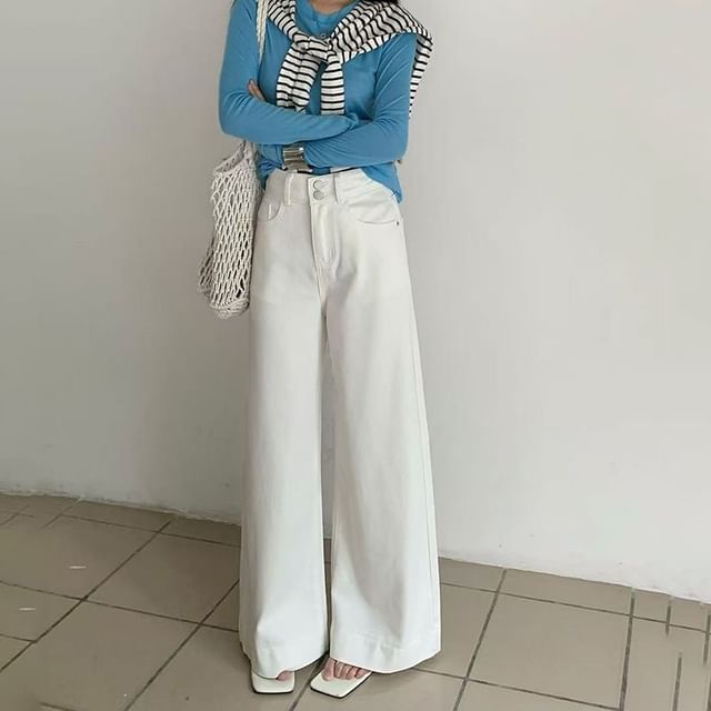 Denimot-High Rise Plain Wide Leg Jeans