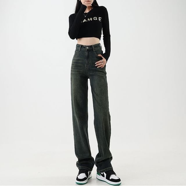 Denimot-High Rise Washed Straight Leg Jeans
