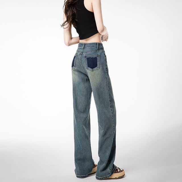 Denimot-High Rise Washed Straight Leg Jeans