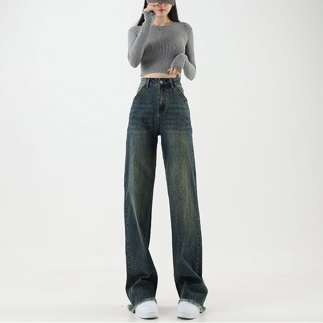 Denimot-High Rise Washed Straight Leg Jeans