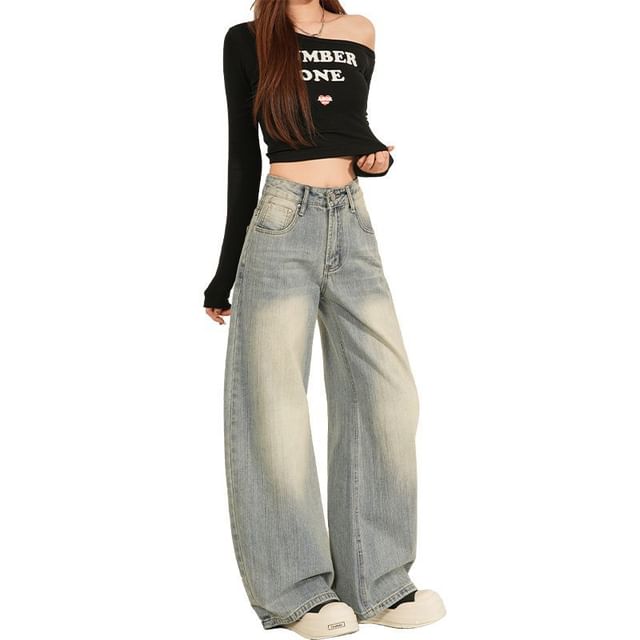 Denimot-High Rise Washed Wide Leg Jeans Various Designs