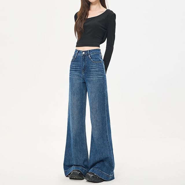 Denimot-High Rise Washed Wide Leg Jeans