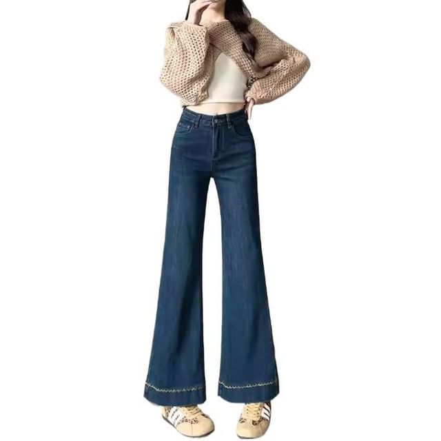 Denimot-High Waist Contrast Stitching Cropped Flared Jeans
