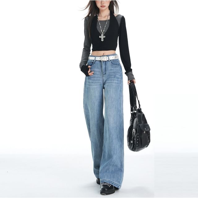 Denimot-High Waist Fleece Lined Washed Wide Leg Jeans