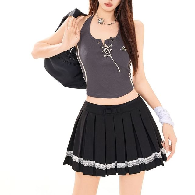 Denimot-High Waist Lace Panel Pleated Mini A-Line Skort