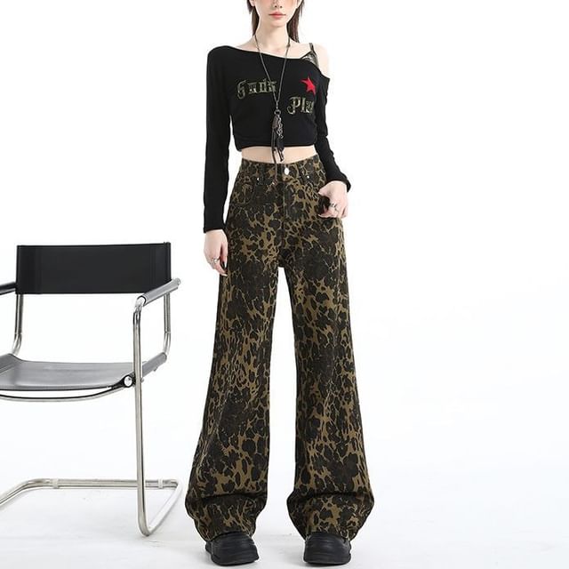 Denimot-High Waist Leopard Patterned Flared Jeans Various Designs