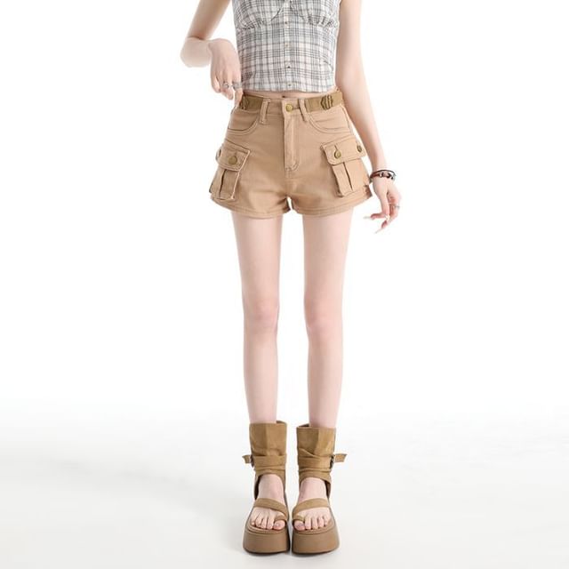 Denimot-High Waist Plain Denim Cargo Hot Pants