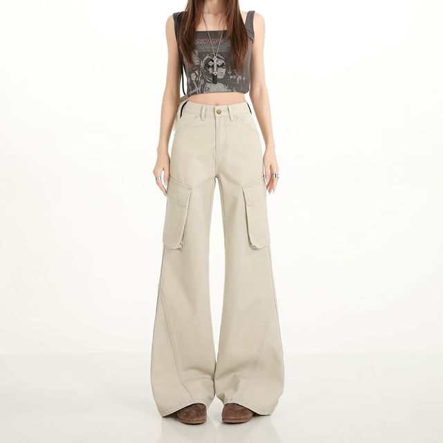 Denimot-High Waist Plain Flared Cargo Jeans Various Designs