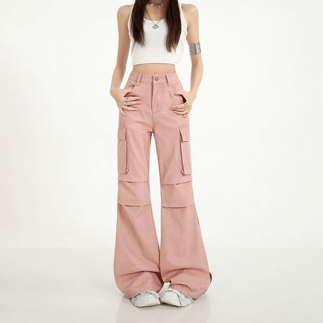 Denimot-High Waist Plain Flared Cargo Jeans Various Designs