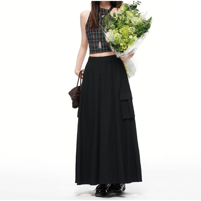 Denimot-High Waist Plain Maxi A-Line Skirt
