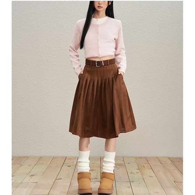 Denimot-High Waist Plain Midi A-Line Skirt