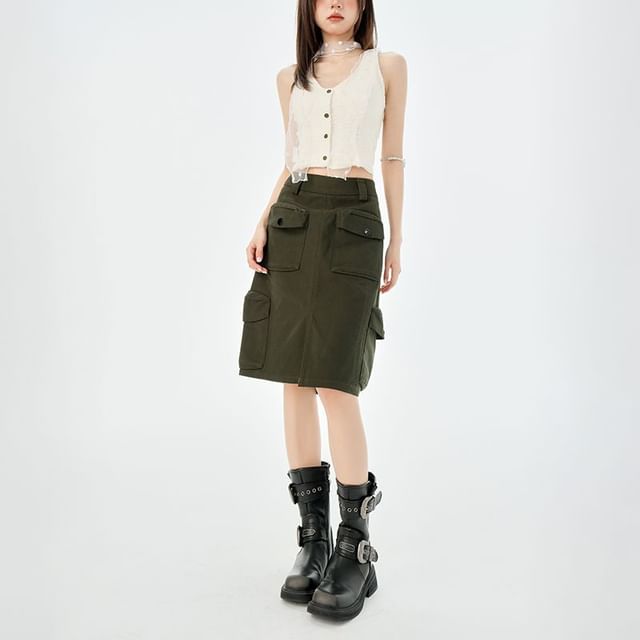 Denimot-High Waist Plain Midi Cargo Skirt