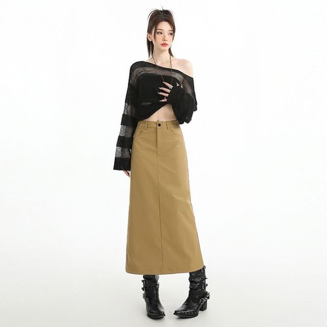 Denimot-High Waist Plain Midi Pencil Skirt