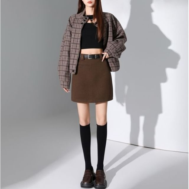 Denimot-High Waist Plain Mini A-Line Skirt