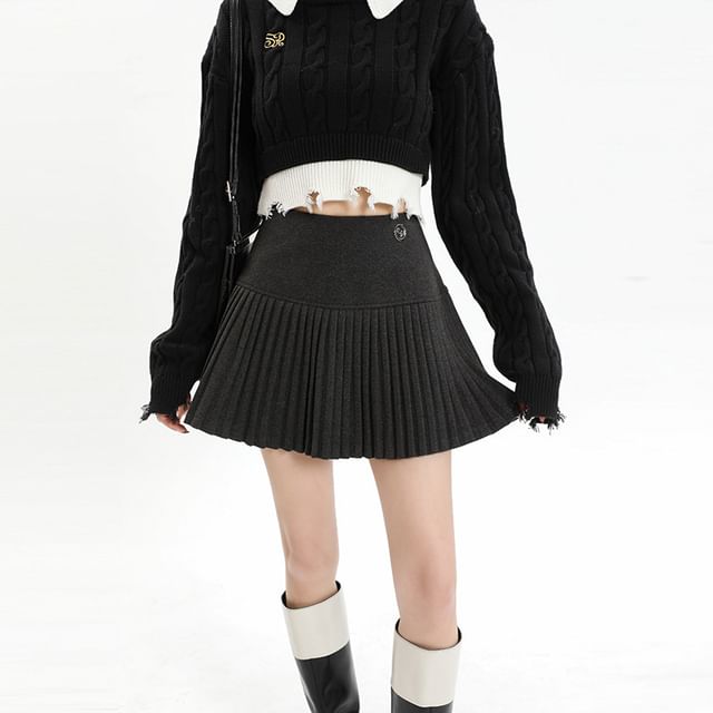 Denimot-High Waist Plain Pleated Mini A-Line Skirt