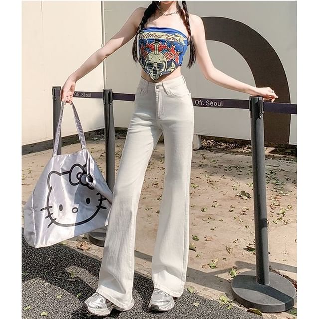 Denimot-High Waist Plain Washed Flared Jeans Various Designs