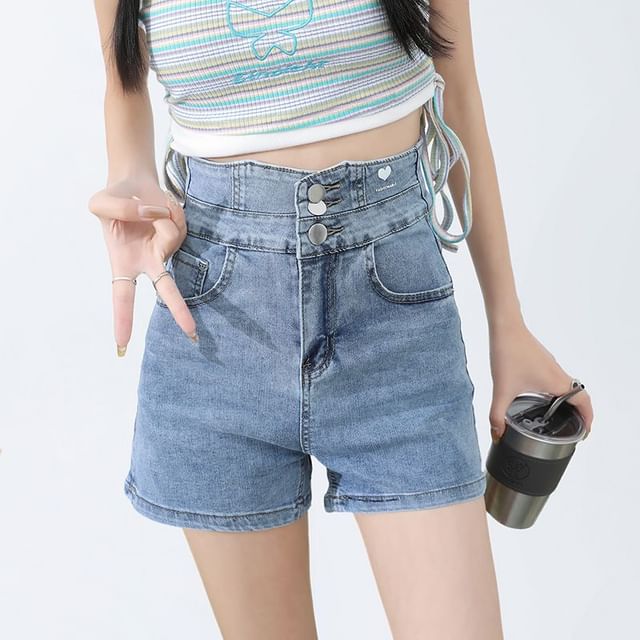 Denimot-High Waist Washed Denim Hot Pants