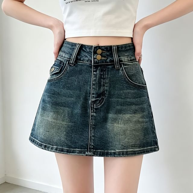 Denimot-High Waist Washed Denim Mini A-Line Skort